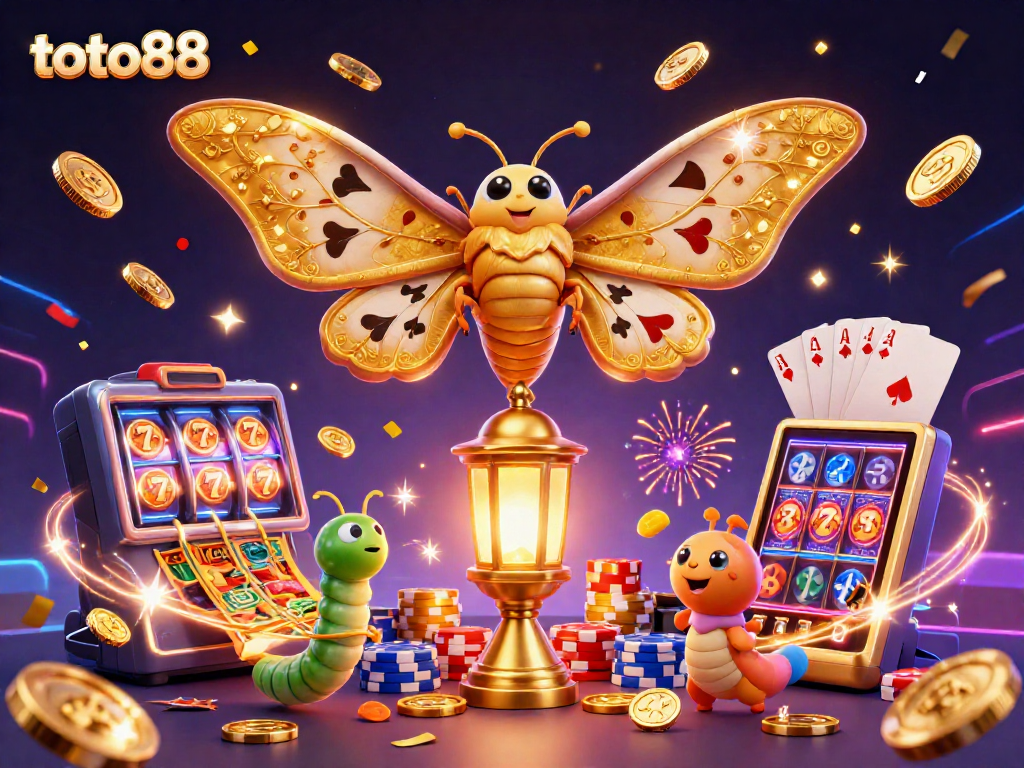 Engage in thrilling gameplay at toto88 with vibrant slot machines and animated golden moths.