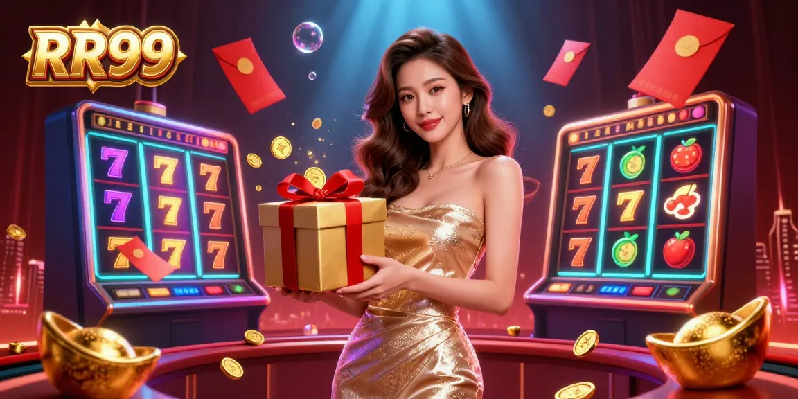 Experience the thrill of RR99 casino with vibrant slot reels and golden coins flying around.