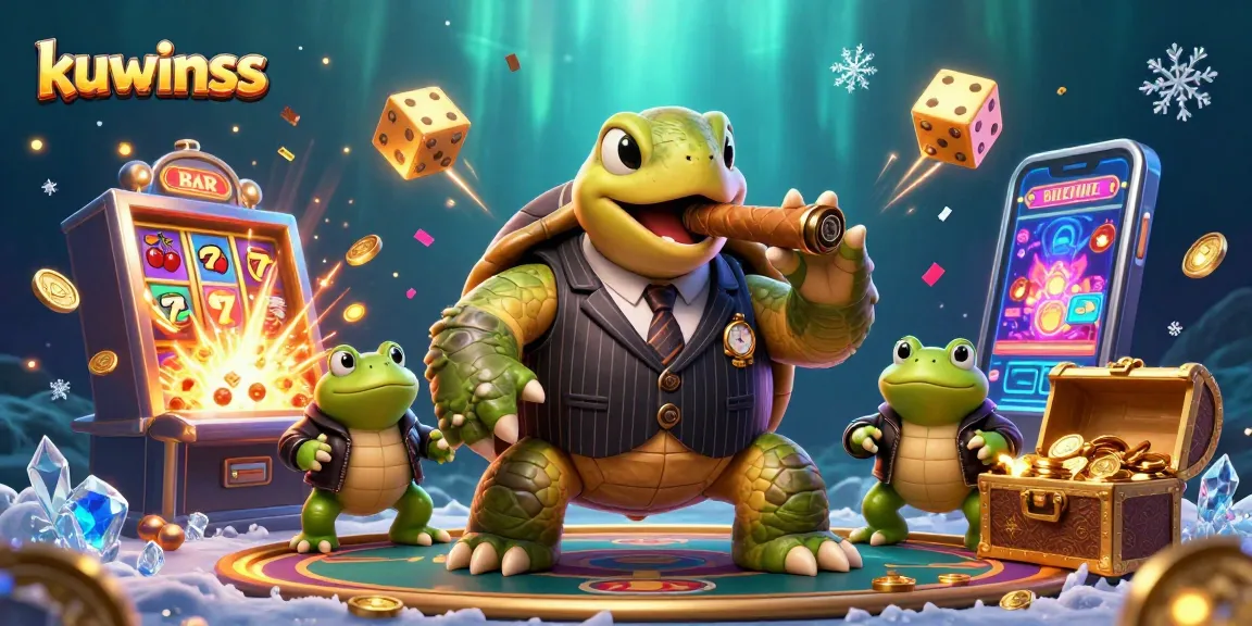 Kuwinss showcases a lively 3D casino scene with vivid characters, a slot machine bursting coins, and engaging visuals.
