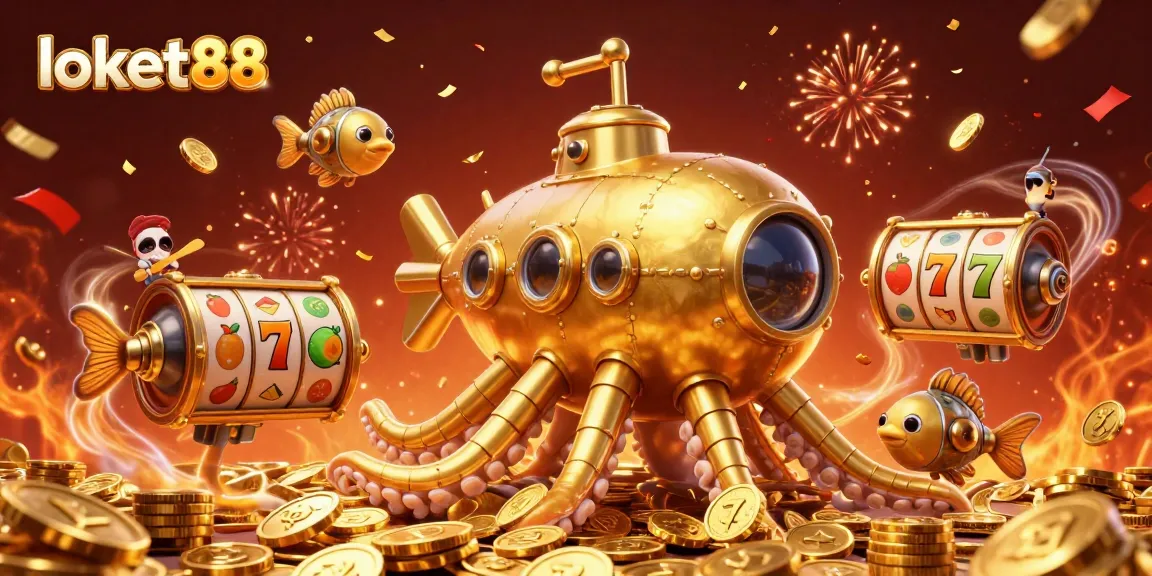 loket88 engages gamblers with a vibrant casino-themed illustration featuring slot reels and treasure.