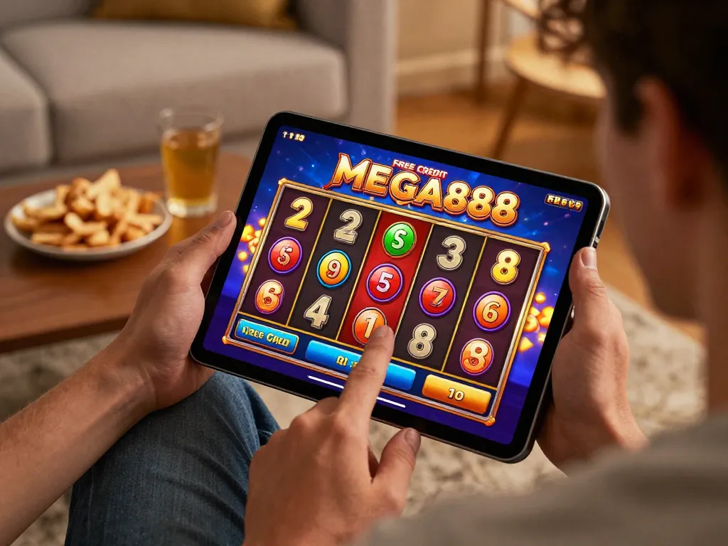Engaged player spinning the reels in free credit mega888 slot game on tablet at home.