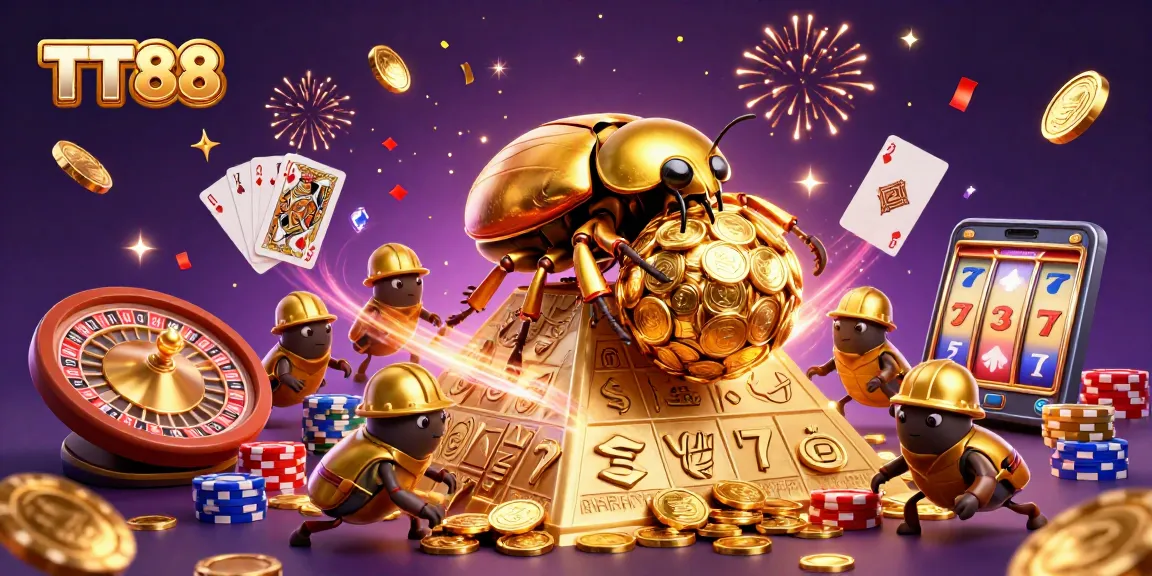 Experience TT88's thrilling gaming world with golden coins cascading from a vibrant pyramid.
