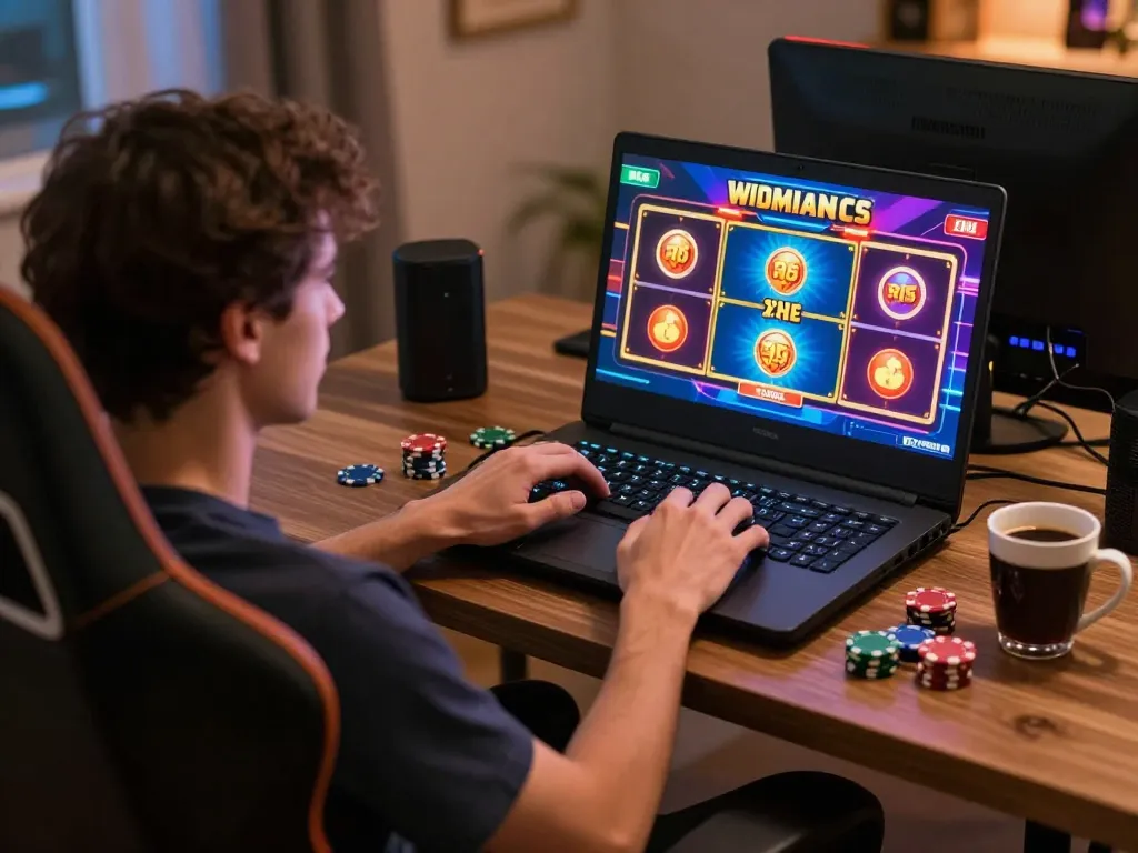 Engaging player enjoying casinos not on gamstop from the comfort of home with laptop and poker chips.