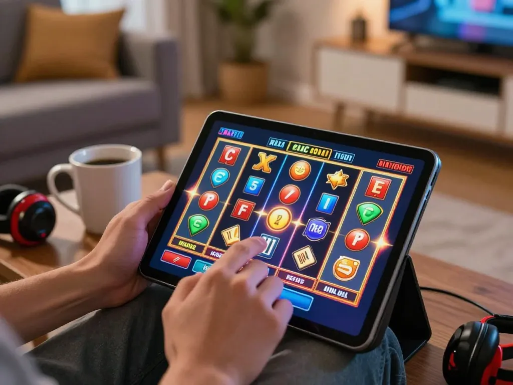 Engaging in online gambling with Luckyindex on a tablet showing slot machine gameplay