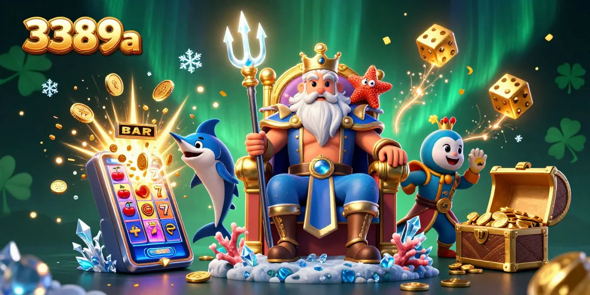 Experience the excitement at 3389a with a vibrant casino scene featuring Neptune, a samurai, and a treasure explosion.