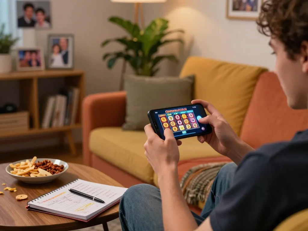 Exciting moment playing f168slot on a smartphone in a cozy living room, showcasing a casual and inviting gambling atmosphere.