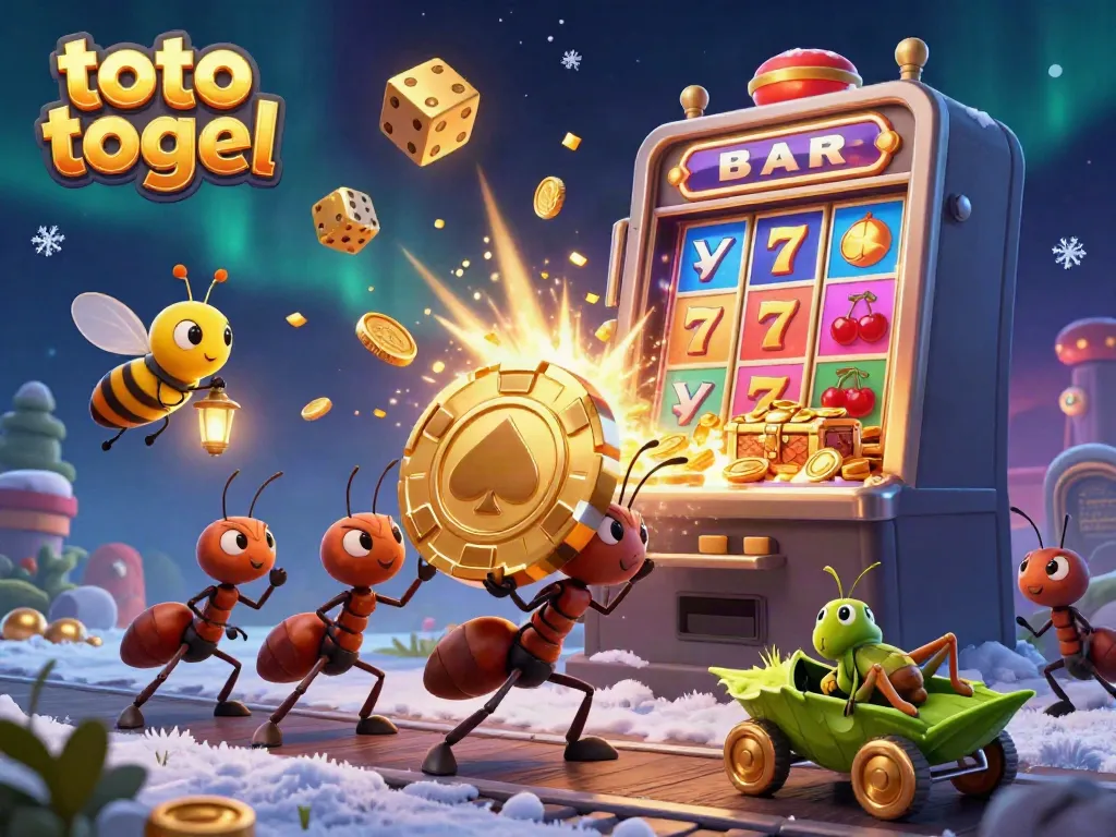 Engage in exhilarating toto togel action with cartoon ants and a heist scene embellished with a massive golden poker chip.