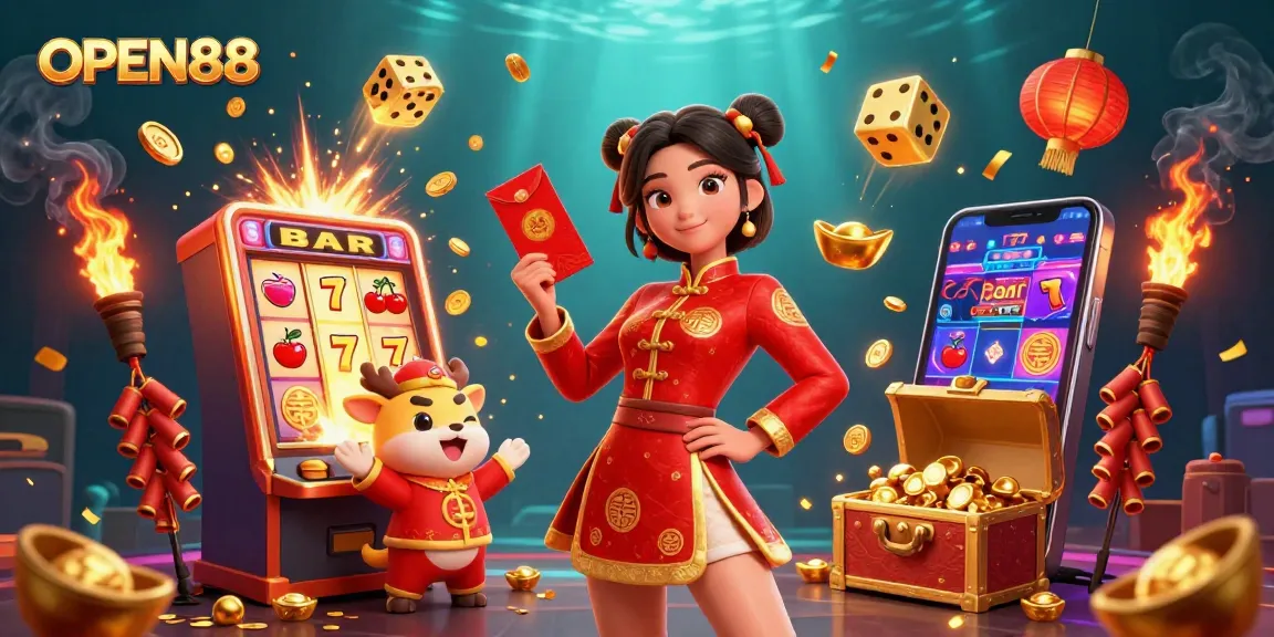 Experience exciting gaming at OPEN88 with vibrant illustrations of fortune symbols and casino elements.
