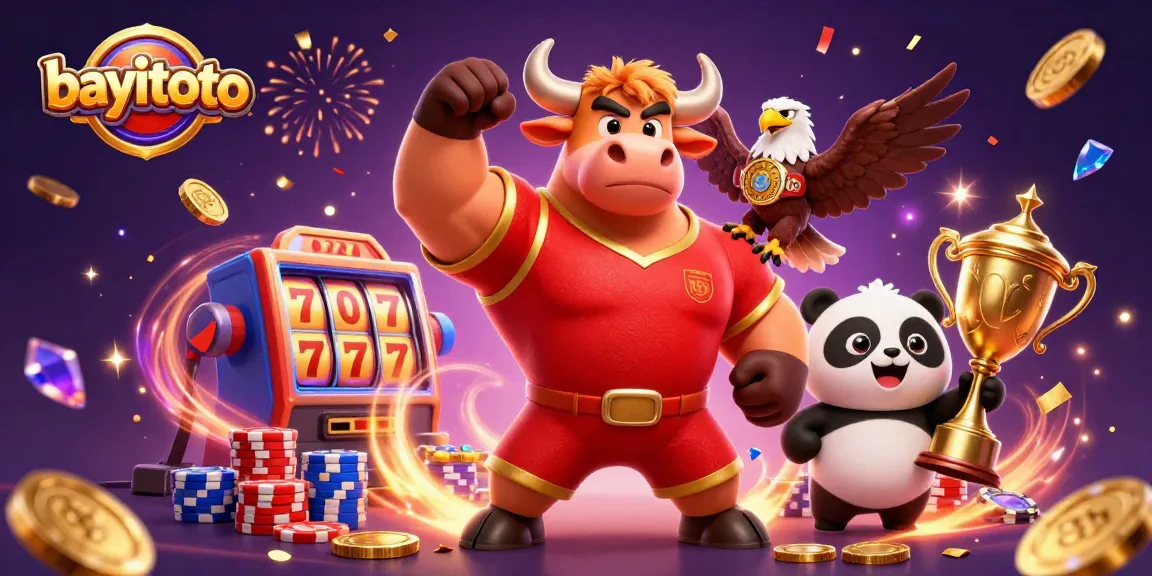 Play and win at bayitoto with slots and celebration elements in a vibrant casino scene.