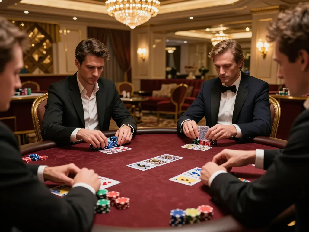 Intense poker strategy scene at an upscale gaming table during a private game night, gameradar highlights skillful decisions.