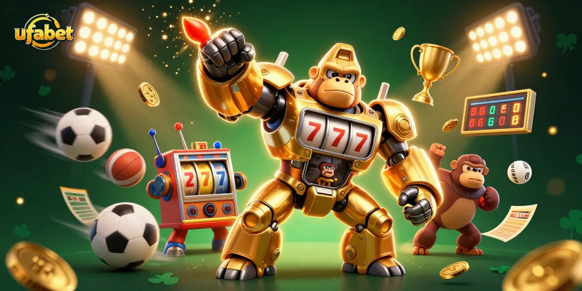 Engage in thrilling gameplay at ufabet, featuring a golden gorilla mech and dynamic sports elements.