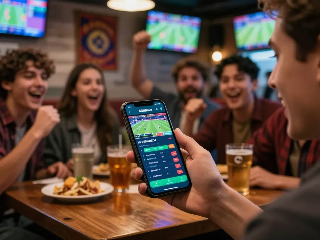 Engaging moment of a sports fan using the BONGDALU app for live betting in a vibrant sports bar atmosphere