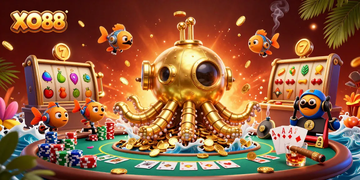 Experience XO88's exciting world with a golden kraken submarine amidst spinning slot reels and vibrant poker games.