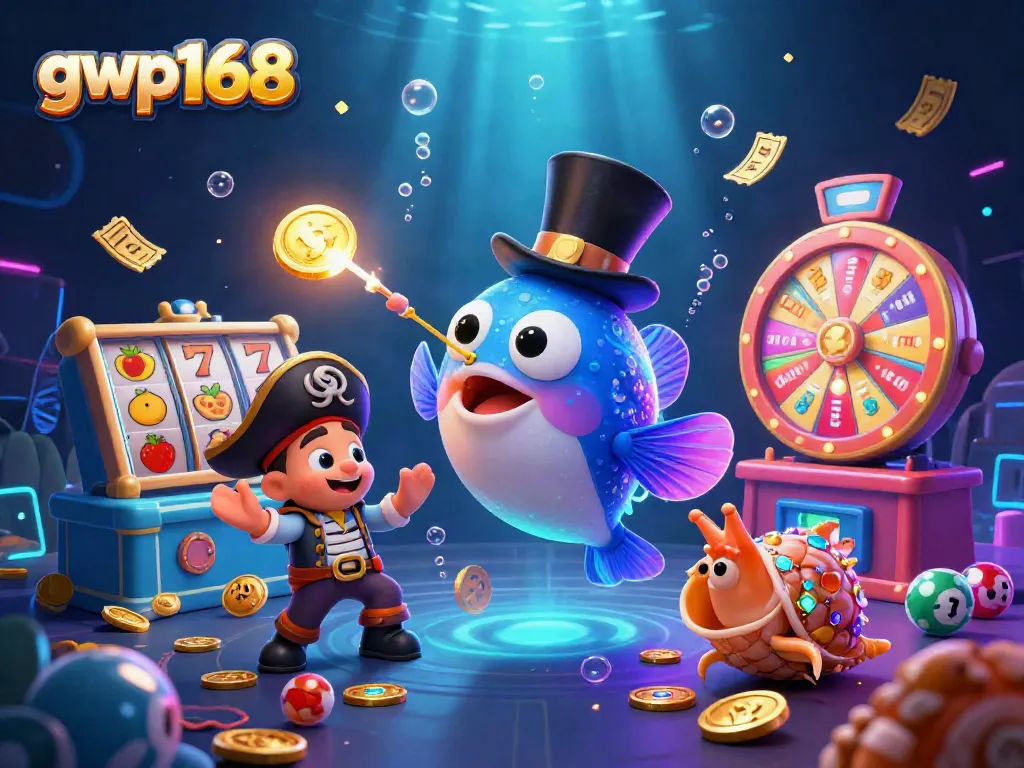 Menangkan hadiah di gwp168 dengan ikan pemancing 3D memikat koin keemasan dan simbol slot.