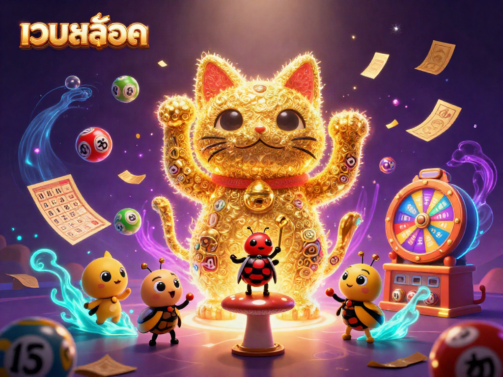 Experience the excitement of เว็บสล็อต with a vibrant 3D illustration featuring a lucky cat and dynamic casino elements.