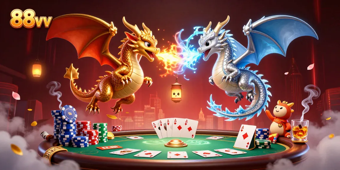 Experience 88vv's exciting gaming atmosphere with dynamic dragon-themed visuals and poker elements.