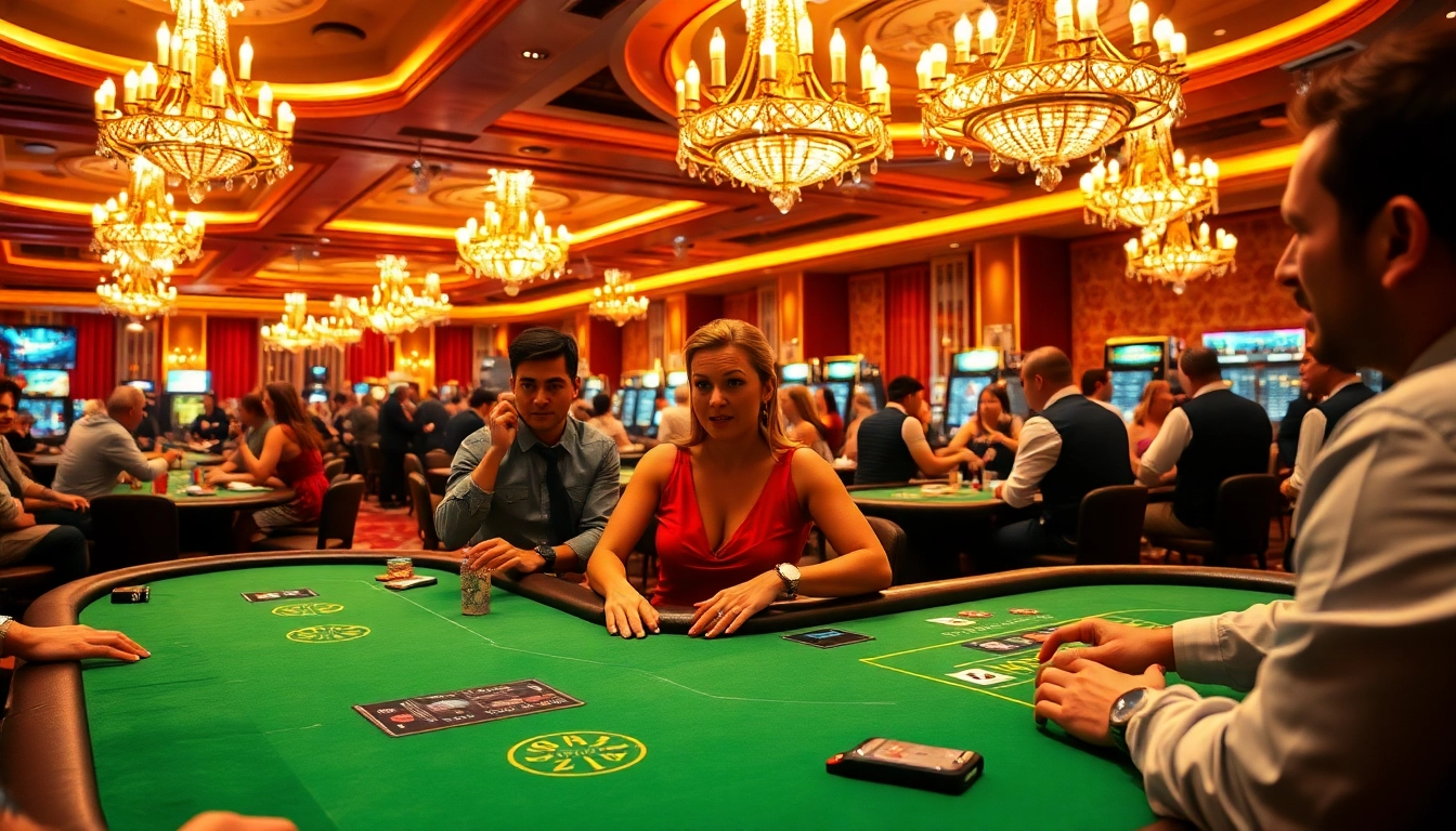 Engaging players enjoying games at w88cas.com casino, vibrant tables and dealers create excitement.
