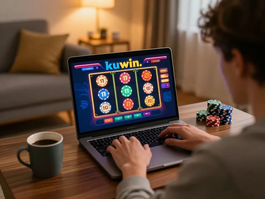 Kuwin user engaged in online gambling, showcasing table games and vibrant graphics in a cozy home setting.