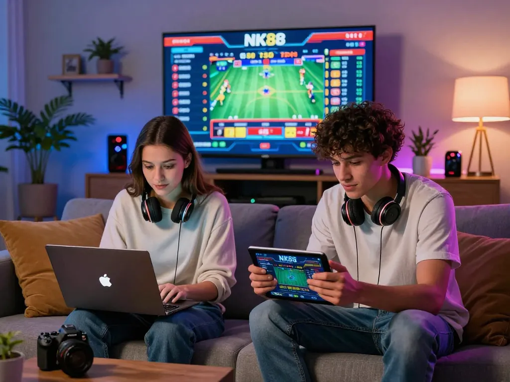 Young adults engaging with NK88 online gambling platform while sitting comfortably at home, showcasing modern technology and vibrant atmosphere.