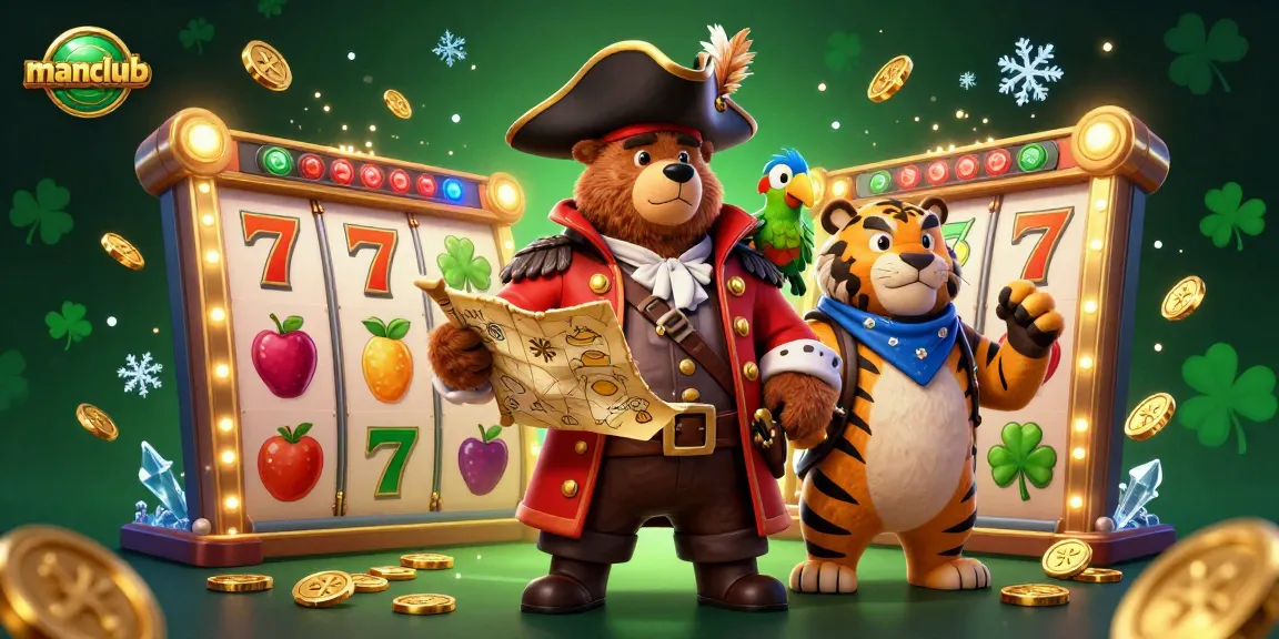 Spin to win with Manclub's thrilling slot games featuring a pirate bear and vibrant symbols.