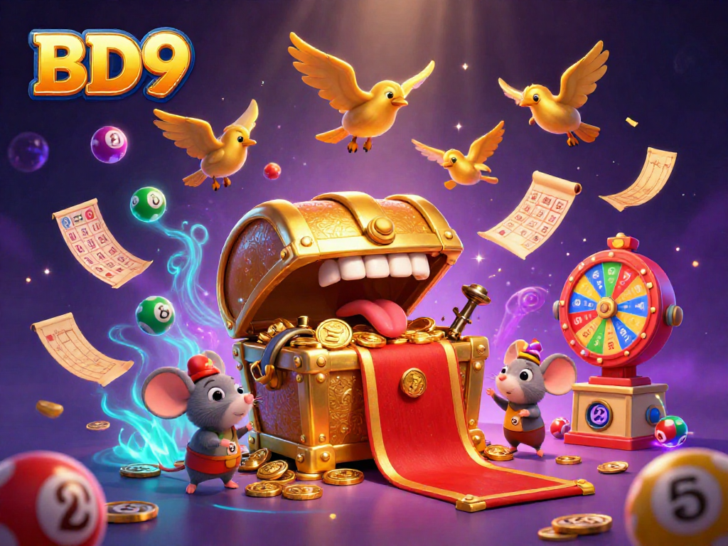 BD9 attracts adventurers with colorful lottery elements and golden treasures, exemplifying an online gaming experience.