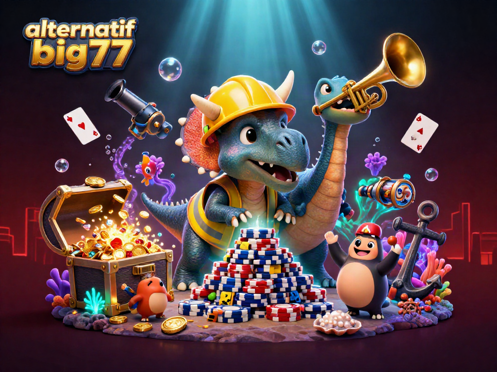 Gambarkan permainan menarik alternatif big777 dengan dinosaurus dan chip poker.