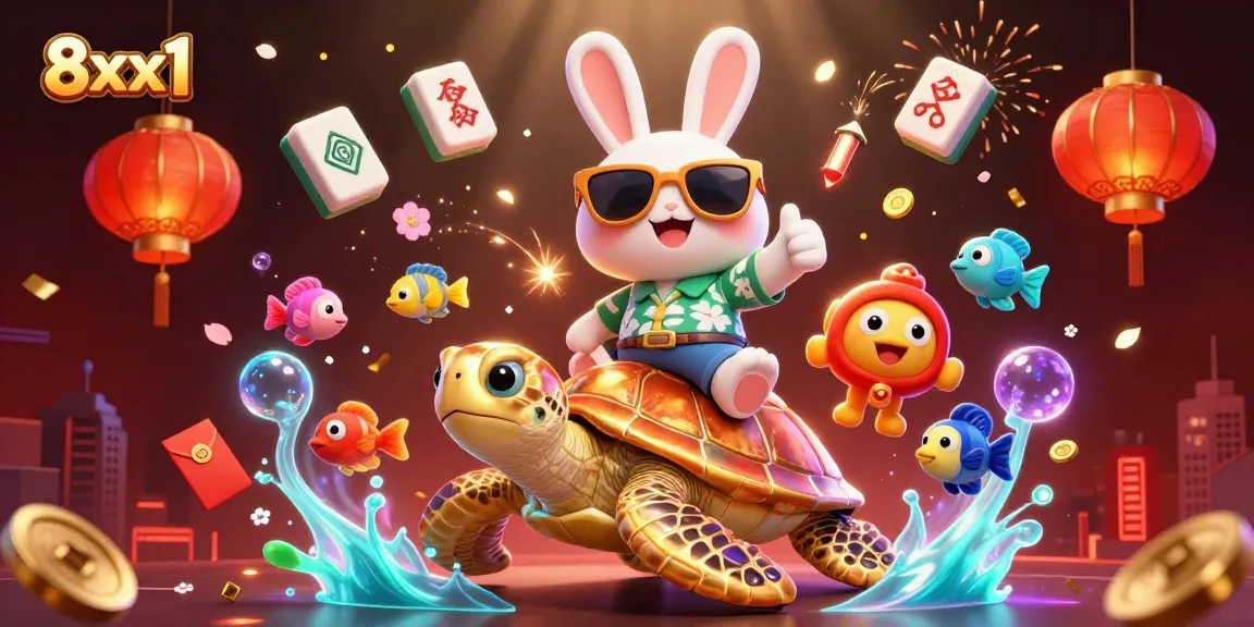 Experience the thrill of 8xx1 with a lucky rabbit and golden turtle in a vibrant casino scene.