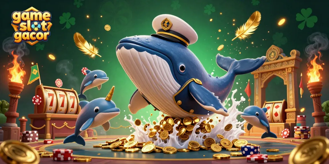 Experience the excitement of game slot gacor with a vibrant underwater scene featuring a captain whale, a narwhal, and playful dolphins.