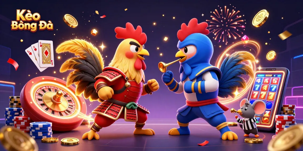 Bet on Kèo Bóng Đá amidst a dynamic standoff of cartoon roosters and casino elements.