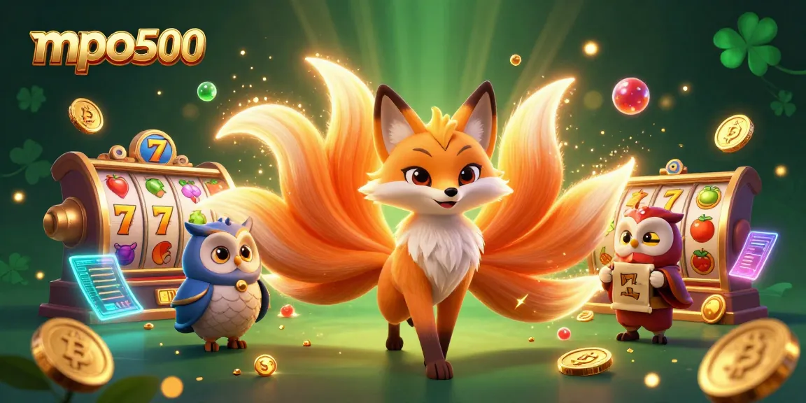 Engage with mpo500 in a vibrant casino scene showcasing a nine-tailed fox and mystical elements.