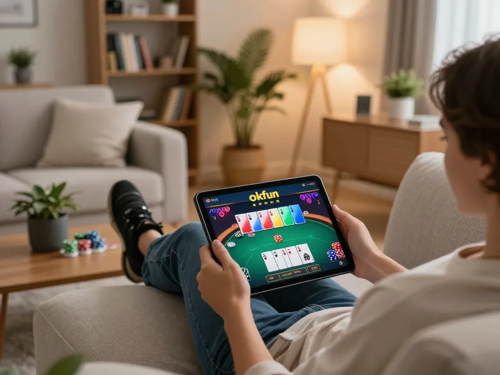 Person using a tablet for online poker gameplay at okfun, showcasing a cozy home setup with strategic focus.