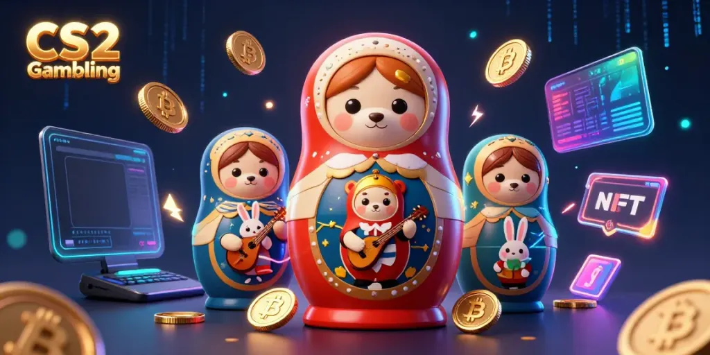 Engage in CS2 Gambling with a vibrant scene featuring playful Matryoshka bears and crypto elements.