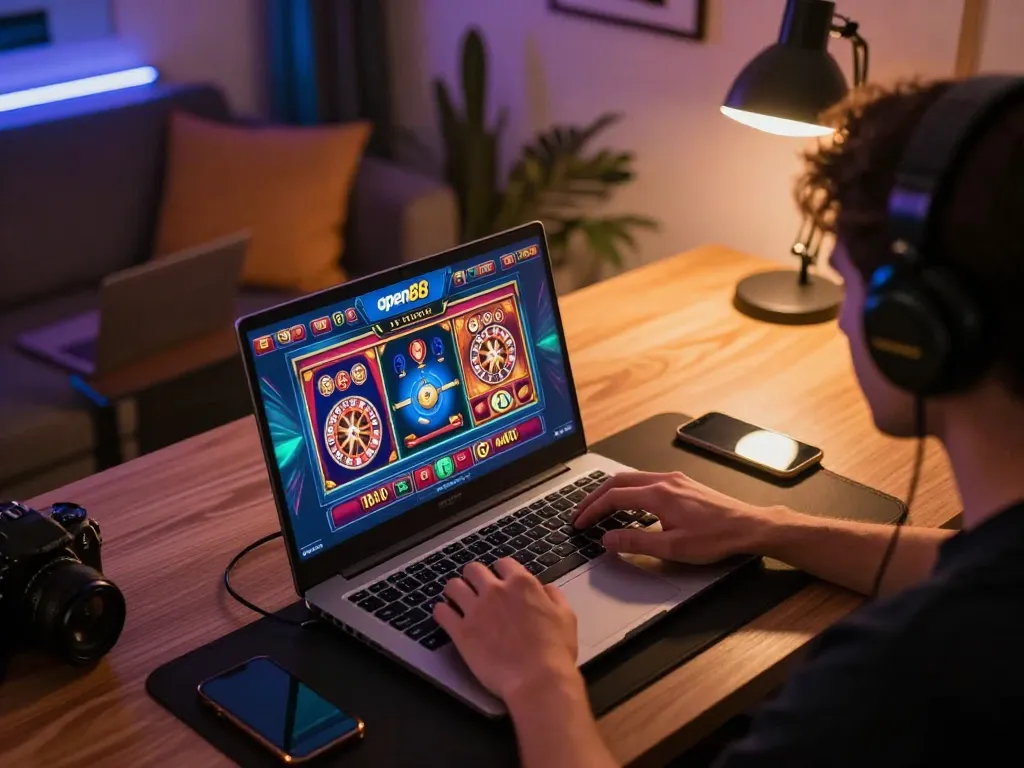 Engaging player using open88 gaming platform on laptop, showcasing casino games in cozy home setup.