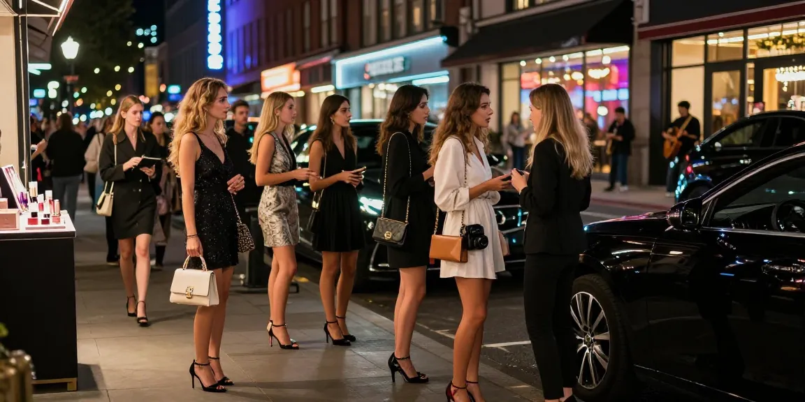 Nhóm gái gọi ăn mặc sang trọng trong phố đèn neon, đàm phán với khách hàng.