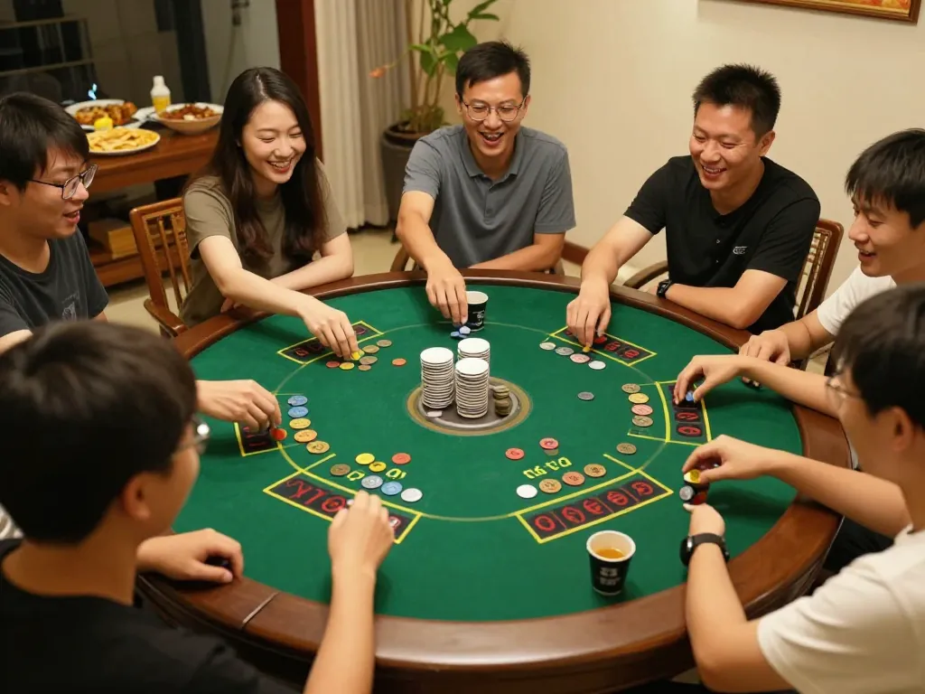 Exciting xóc đĩa game night with friends at home, showcasing colorful coins and competitive atmosphere