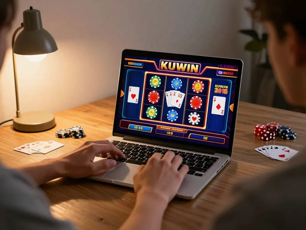Engaging player on KUWIN using laptop for online casino gaming, showcasing vibrant game graphics.