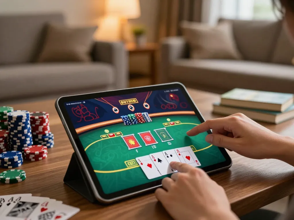 98win player engaging in a thrilling online poker game on a tablet, cozy home atmosphere.