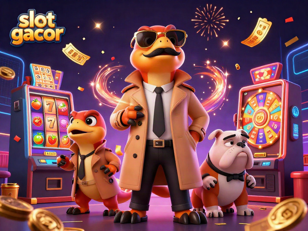 Experience the excitement of slot gacor with cartoon raptors in a casino, vibrant colors, and dynamic game elements.