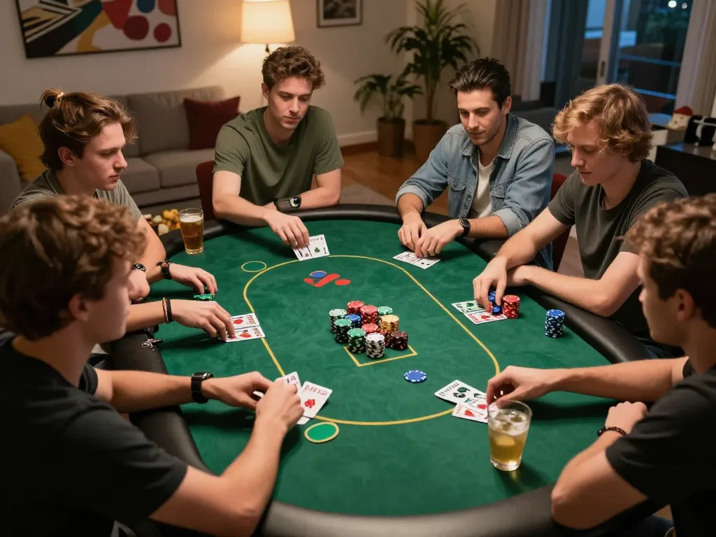Playing poker at a home gaming night captures 789win trang chu gaming experience with friends.