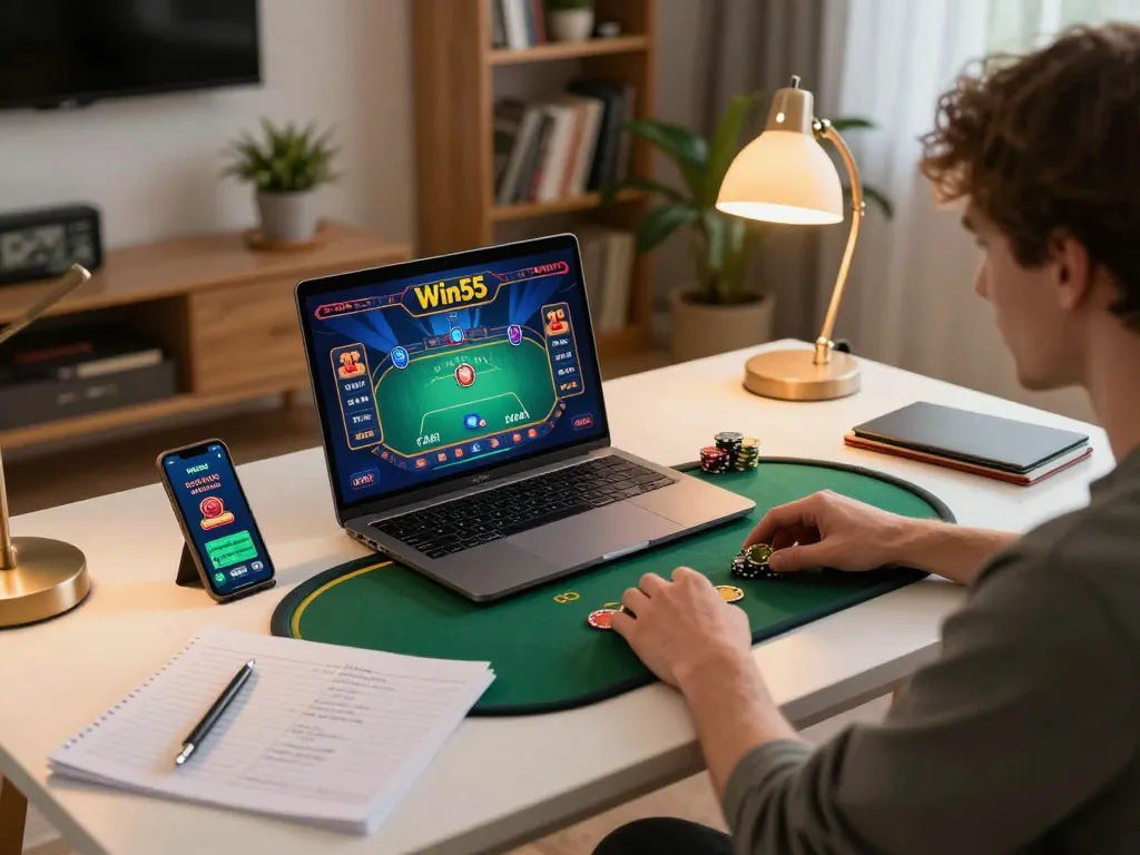 Player engaging with win55 online casino on laptop, showing poker game interface and strategic notes.