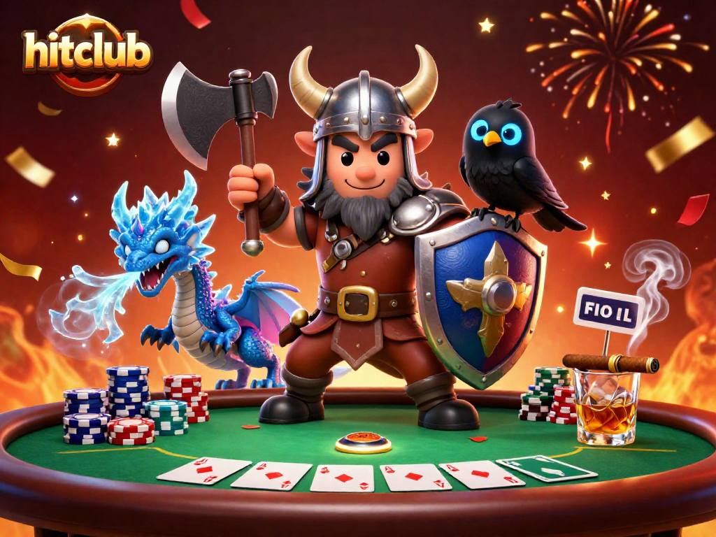 Join hitclub's Viking wolf hero, fierce dragon, and enchanted raven in a bustling poker scene!