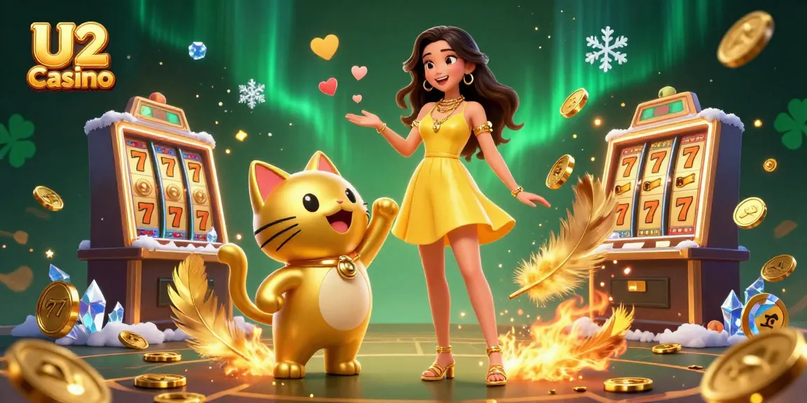 Win exciting jackpots at U2 Casino with a lively scene featuring a cheerful Asian woman and a lucky cat mascot.