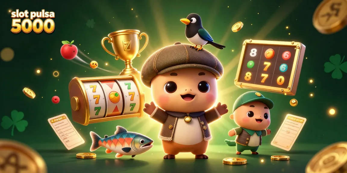 Slot pulsa 5000 menampilkan ilustrasi kasino dengan elemen slot dan karakter ceria yang mengundang keberuntungan