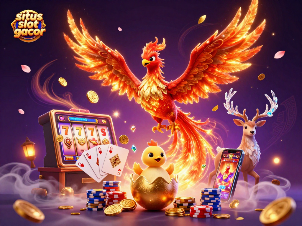 Feeling the thrill of situs slot gacor with a phoenix and jackpot imagery in a vibrant scene.