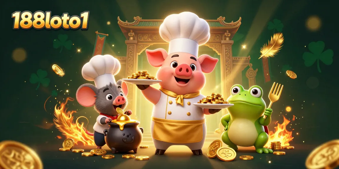 Experience thrilling 188loto1 jackpots with a chef pig serving gold coins, and a food critic frog enjoying the game.