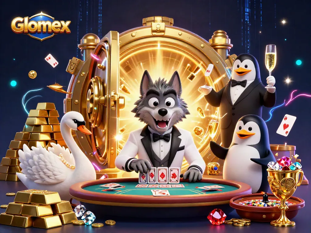Experience the exciting Glomex casino scene with a savvy wolf, elegant swan, and sophisticated penguin amidst stacks of riches.
