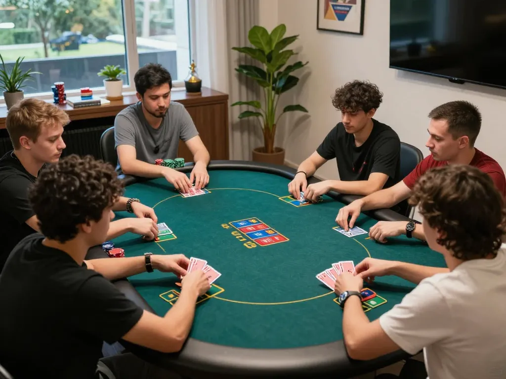 Engage with Canadian online casinos in an intense poker game at home, strategy in action.