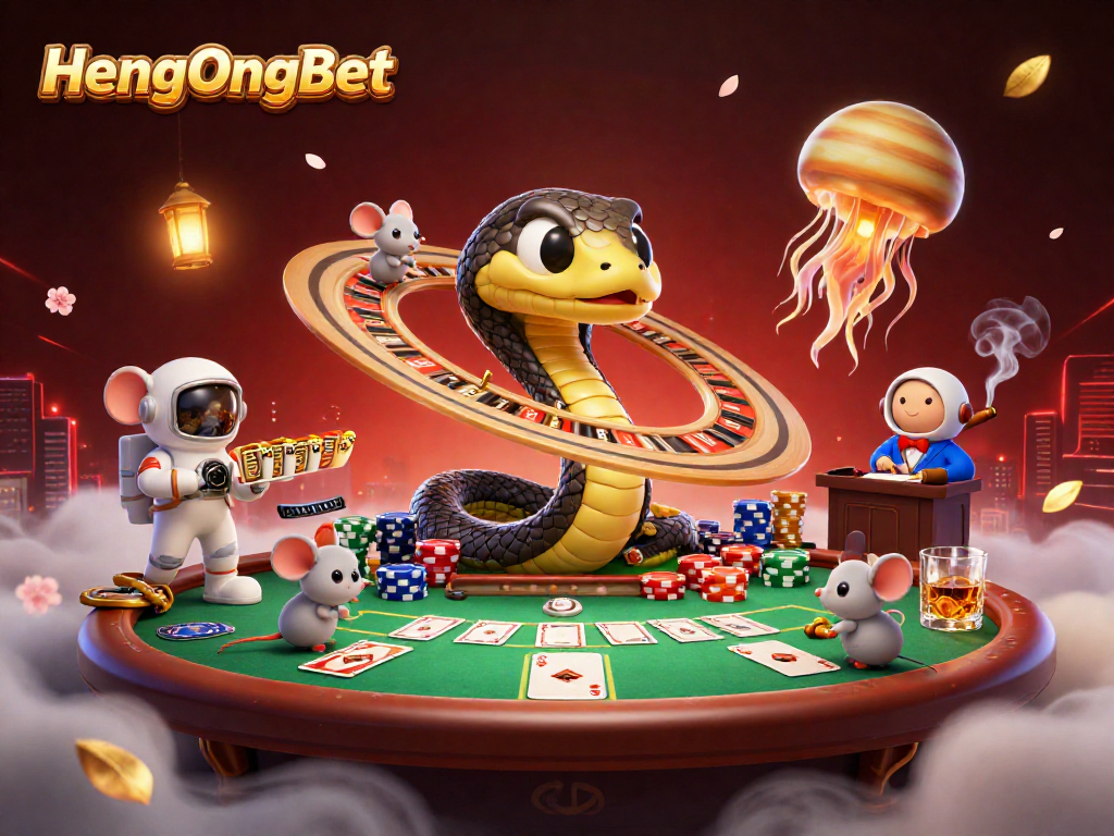 Engage with HengOngBet as astronaut mice place bets on a cosmic roulette scene with vibrant gaming elements.