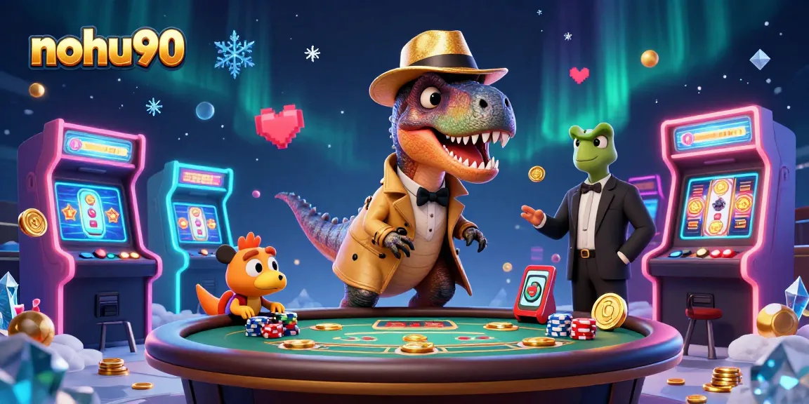 Nohu90 players spinning jackpot reels while avoiding suspicious pit boss in a vibrant casino