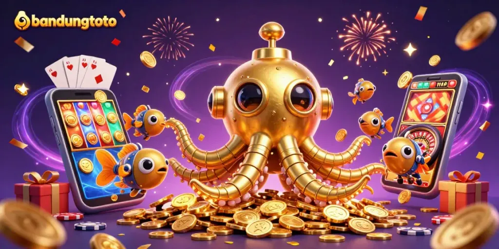 Win big with bandungtoto by spinning colorful slots surrounded by golden treasures and celebration elements.